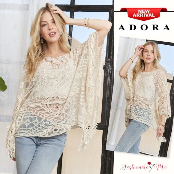 ADORA Drop Shoulder Boat Neckline Crochet Lace Detail Relaxed Fit Blouse | Beige - Picture 1 of 7